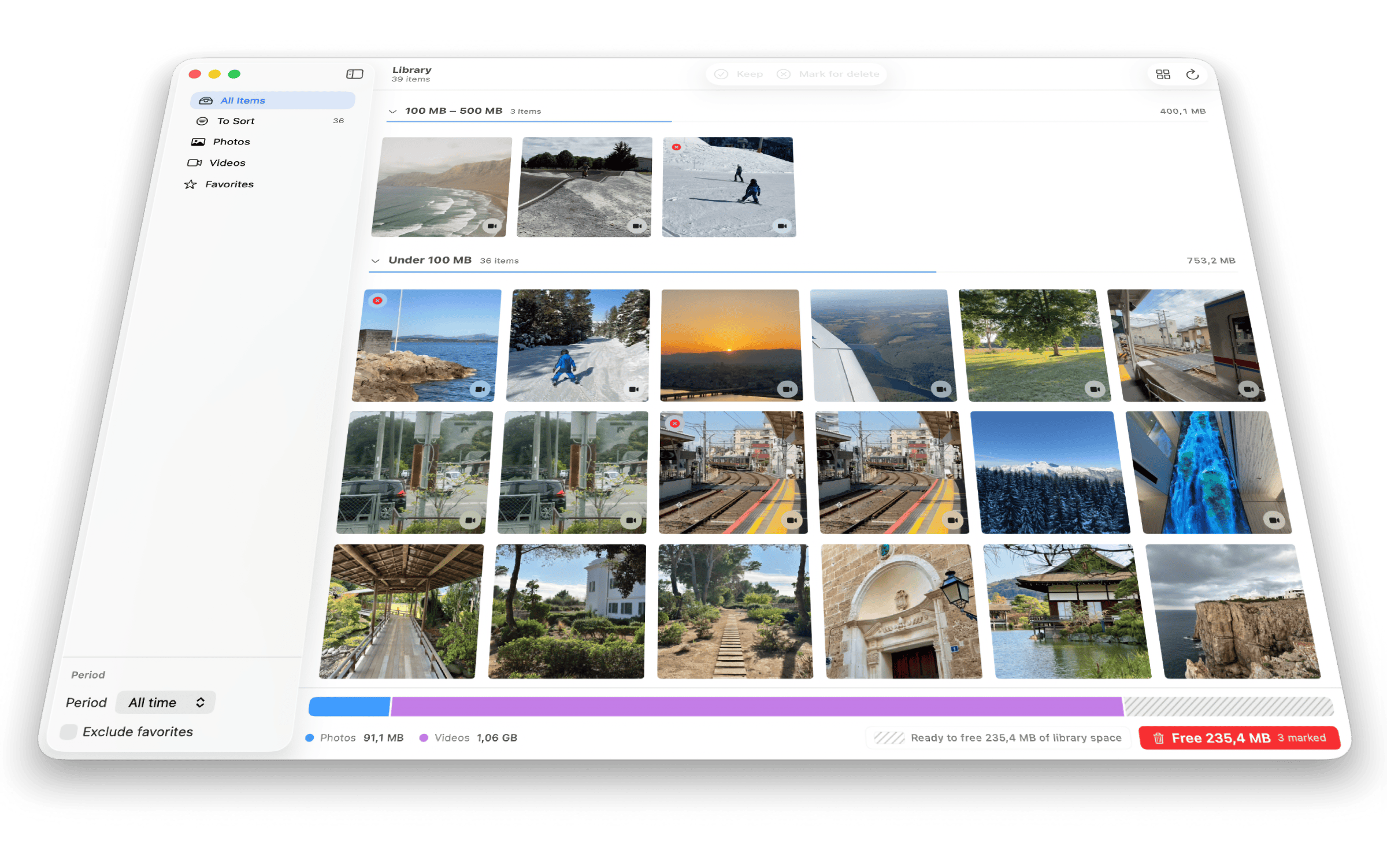 LightRoll dashboard showing Photos library sorted by size